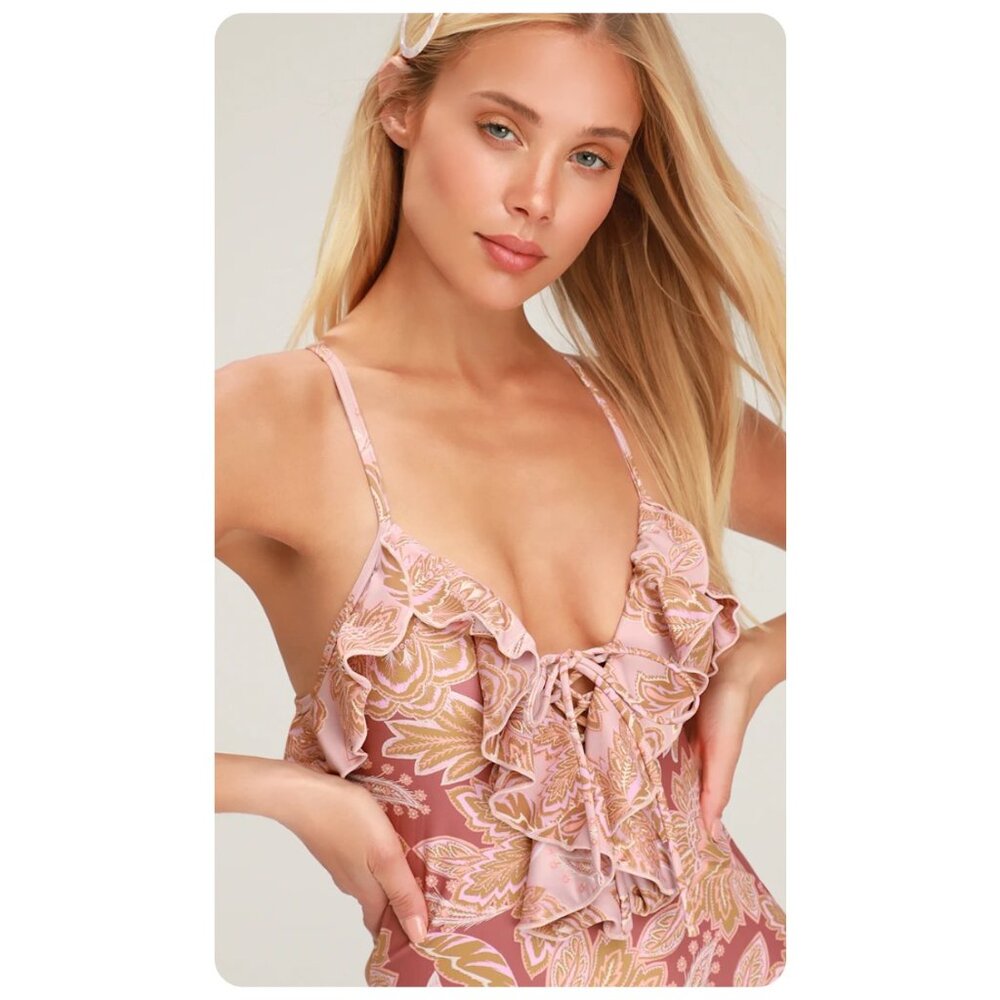* Power 2 The Flower P2F Farrah Mauve Floral Ruffled Backless One Piece Swimsuit - Picture 3 of 4